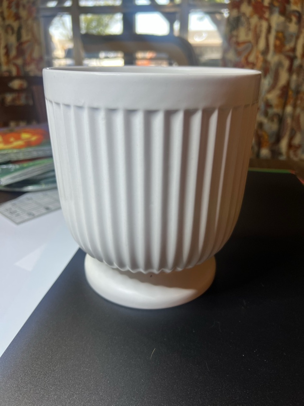 White Ribbed Ceramic Planter
